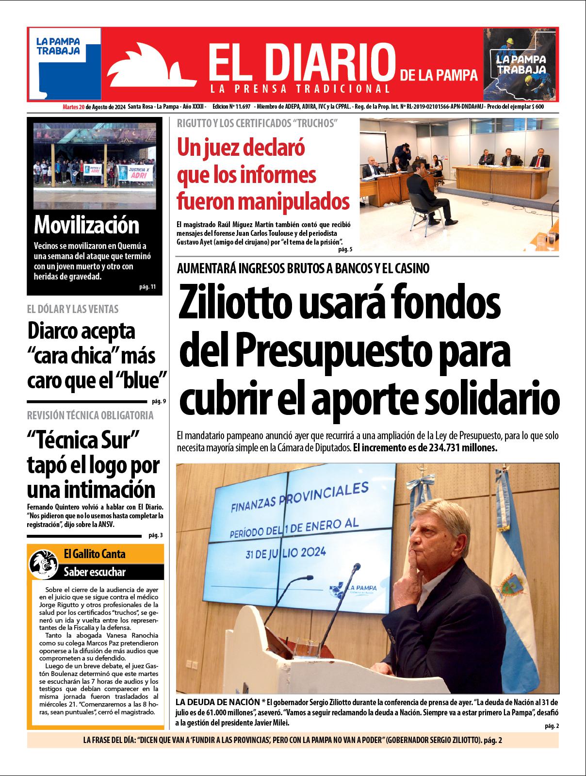 Tapa de El Diario en papel  martes 20 de agosto de 2024